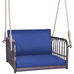 Columpio de Mimbre Asiento Colgante para 1 Persona con Cojines de Asiento Respaldo Marco de Metal Resistente 2 Cuerdas para Porche Azul