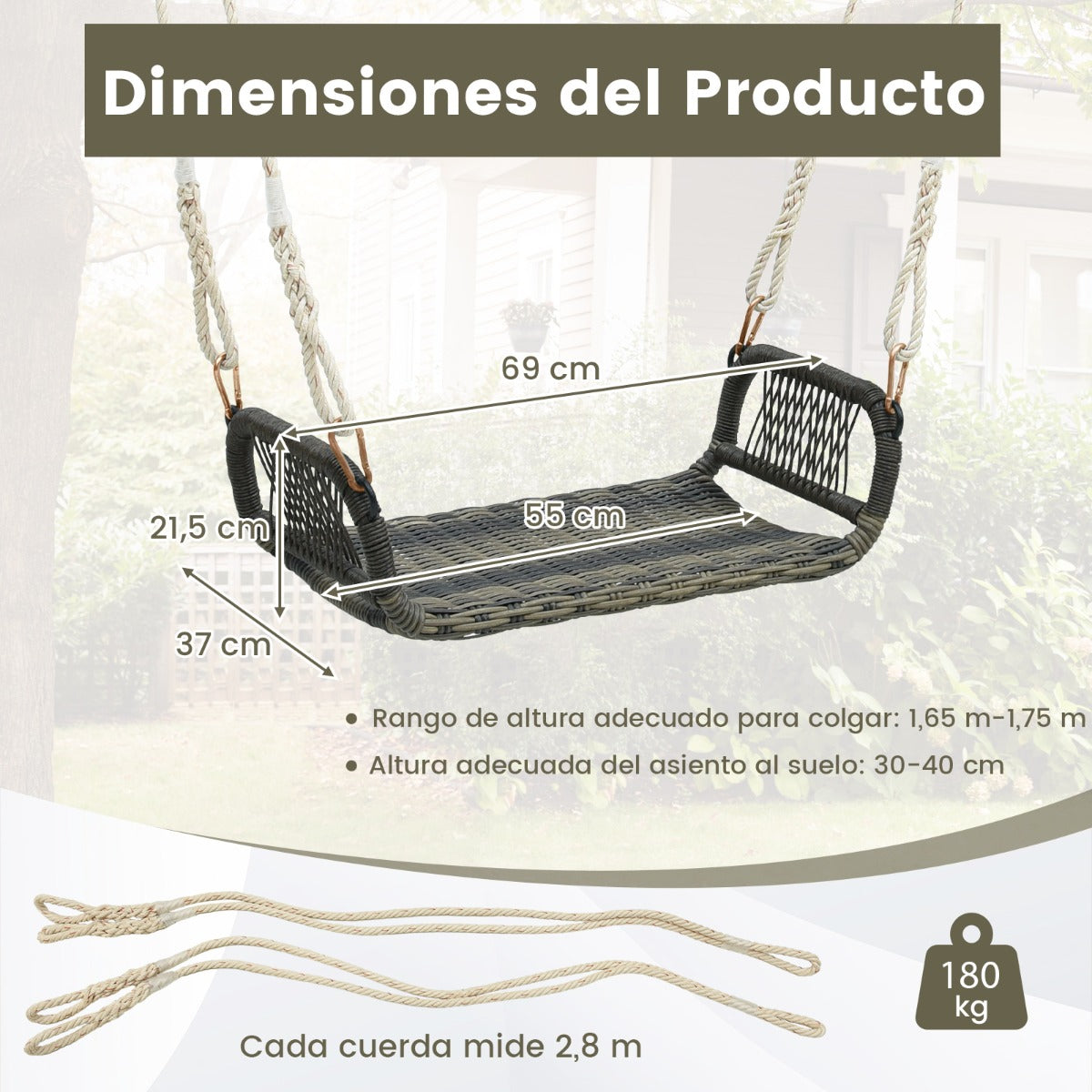 Columpio de Mimbre Asiento Curvado de Ratán de Mimbre con Cómodos Reposabrazos 2 Cuerdas de Cáñamo Colgantes para Porche Patio Trasero