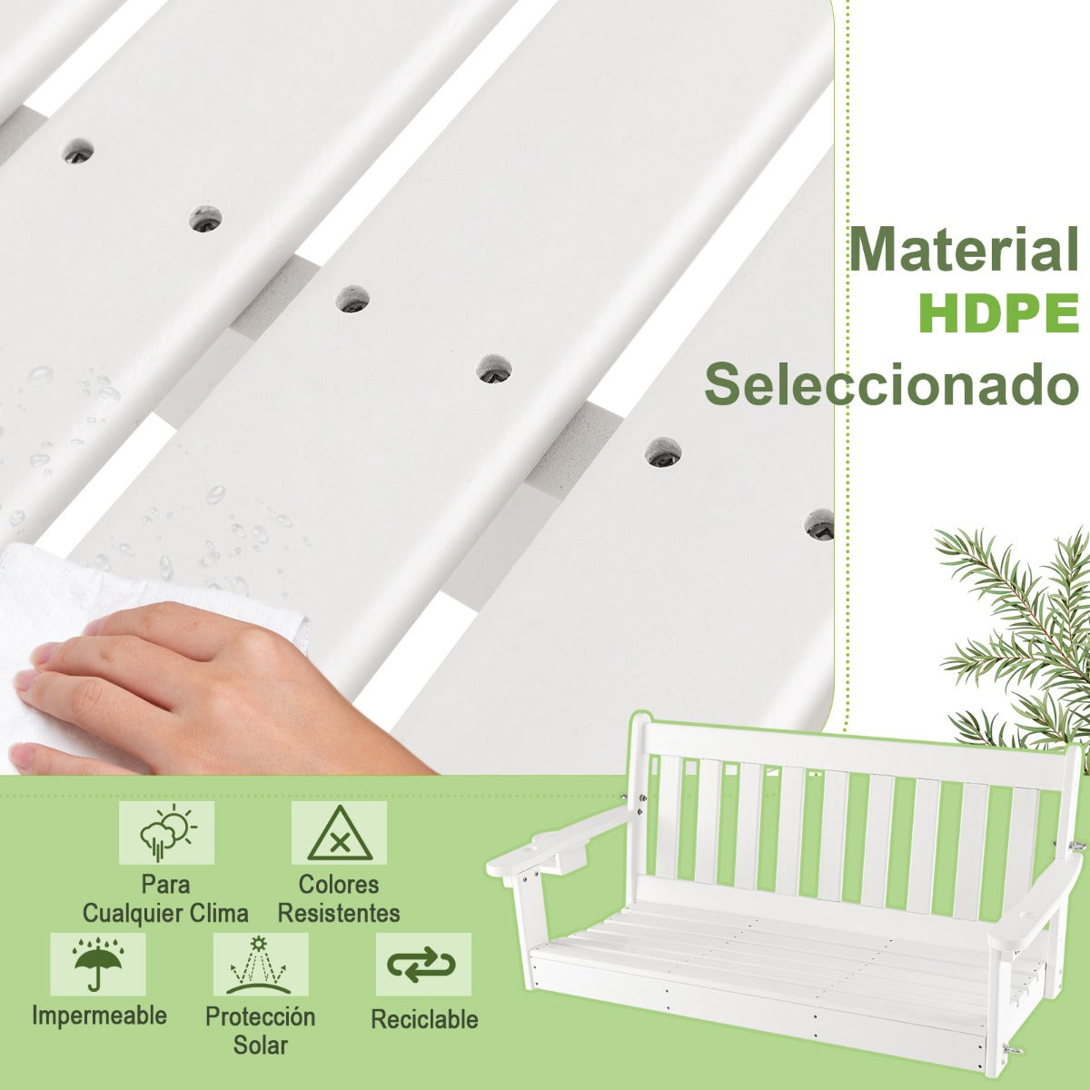 Columpio de HDPE de 2 Plazas Banco Balancín con Cadenas de Seguridad Ajustables de Portavasos Oculto Carga 320kg 137 x 66 x 61 cm Blanco