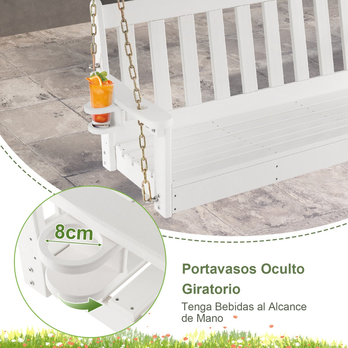 Columpio de HDPE de 2 Plazas Banco Balancín con Cadenas de Seguridad Ajustables de Portavasos Oculto Carga 320kg 137 x 66 x 61 cm Blanco
