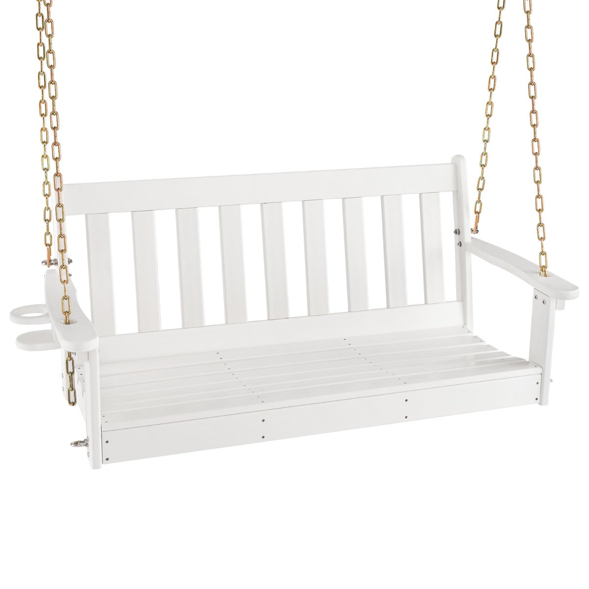 Columpio de HDPE de 2 Plazas Banco Balancín con Cadenas de Seguridad Ajustables de Portavasos Oculto Carga 320kg 137 x 66 x 61 cm Blanco