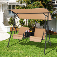Columpio de Porche para 2 Personas con Dosel Ajustable Bolsa Térmica Bandeja Giratoria y Cojines Extraíbles para Patio Balcón Marrón
