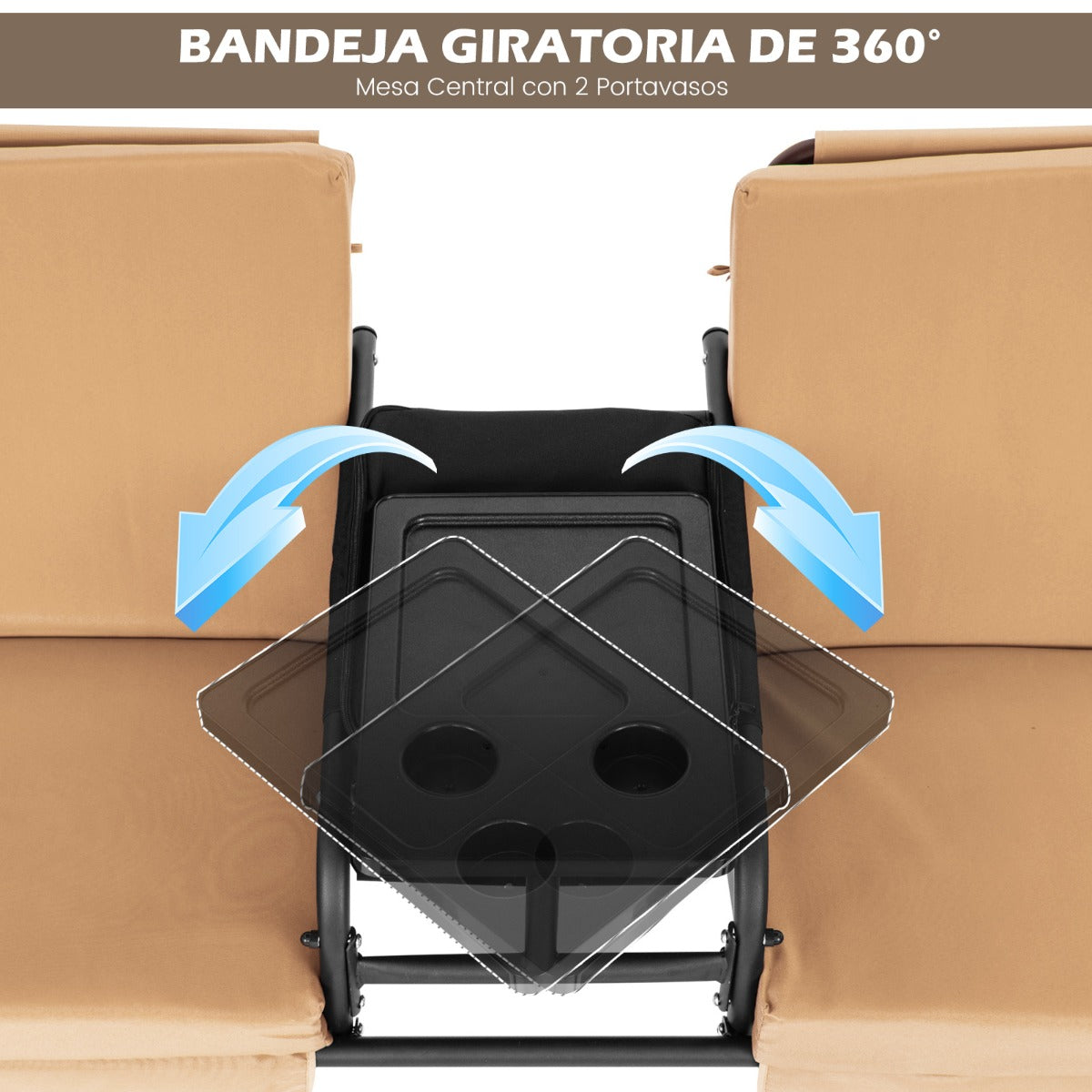 Columpio de Porche para 2 Personas con Dosel Ajustable Bolsa Térmica Bandeja Giratoria y Cojines Extraíbles para Patio Balcón Marrón
