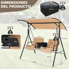 Columpio de Porche para 2 Personas con Dosel Ajustable Bolsa Térmica Bandeja Giratoria y Cojines Extraíbles para Patio Balcón Marrón