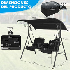 Columpio de Porche para 2 Personas con Dosel Ajustable Bolsa Térmica Bandeja Giratoria y Cojines Extraíbles para Patio Balcón Negro