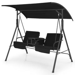Columpio de Porche para 2 Personas con Dosel Ajustable Bolsa Térmica Bandeja Giratoria y Cojines Extraíbles para Patio Balcón Negro