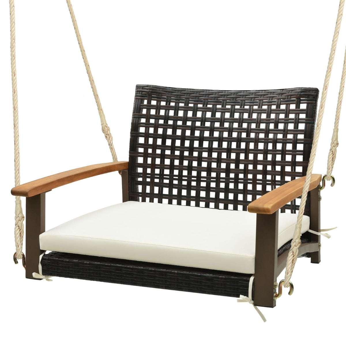 Columpio de Ratán Asiento Colgante de Mimbre con Cojín de Asiento Reposabrazos de Madera de Acacia 2 Cuerdas de Cáñamo para Patio Blanco