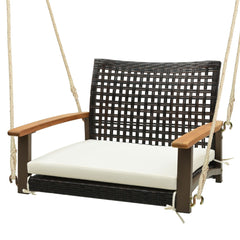 Columpio de Ratán Asiento Colgante de Mimbre con Cojín de Asiento Reposabrazos de Madera de Acacia 2 Cuerdas de Cáñamo para Patio Blanco