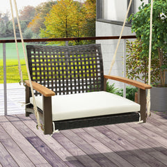 Columpio de Ratán Asiento Colgante de Mimbre con Cojín de Asiento Reposabrazos de Madera de Acacia 2 Cuerdas de Cáñamo para Patio Blanco