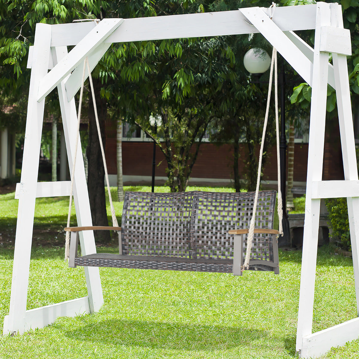 Banco Columpio de Exterior con 2 Asientos Columpio de Ratán PE Columpio para Pórtico Veranda Patio Jardín Balcón 131 x 68 x 54 cm Marrón
