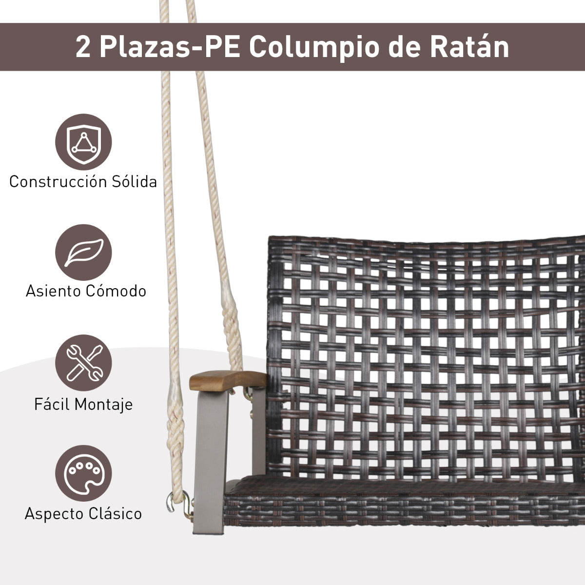 Banco Columpio de Exterior con 2 Asientos Columpio de Ratán PE Columpio para Pórtico Veranda Patio Jardín Balcón 131 x 68 x 54 cm Marrón