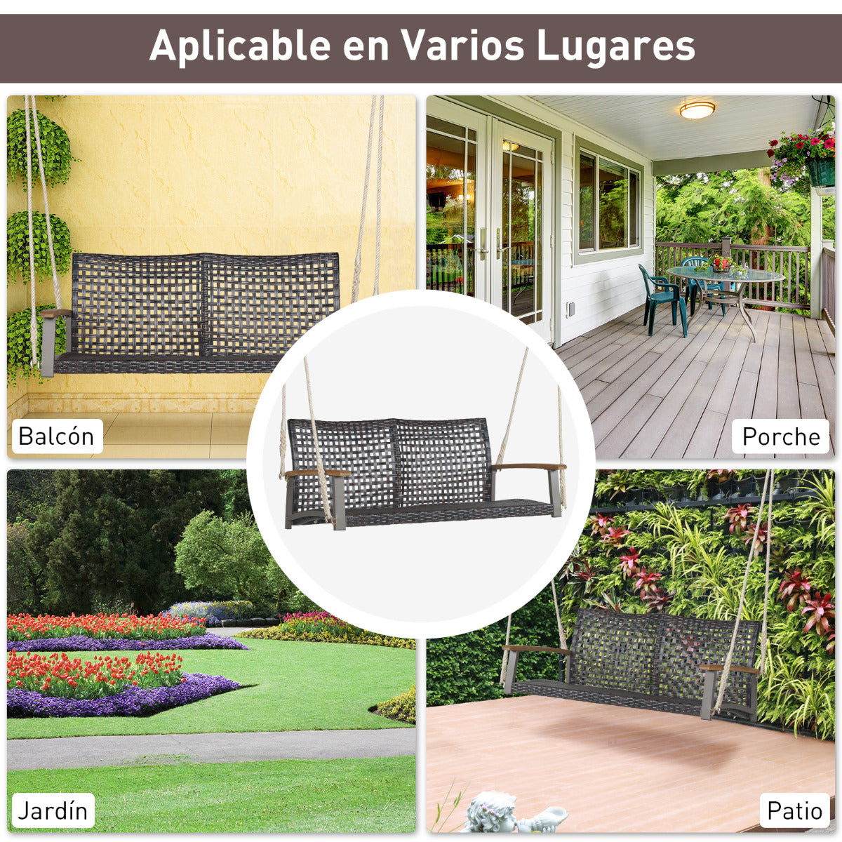 Banco Columpio de Exterior con 2 Asientos Columpio de Ratán PE Columpio para Pórtico Veranda Patio Jardín Balcón 131 x 68 x 54 cm Marrón