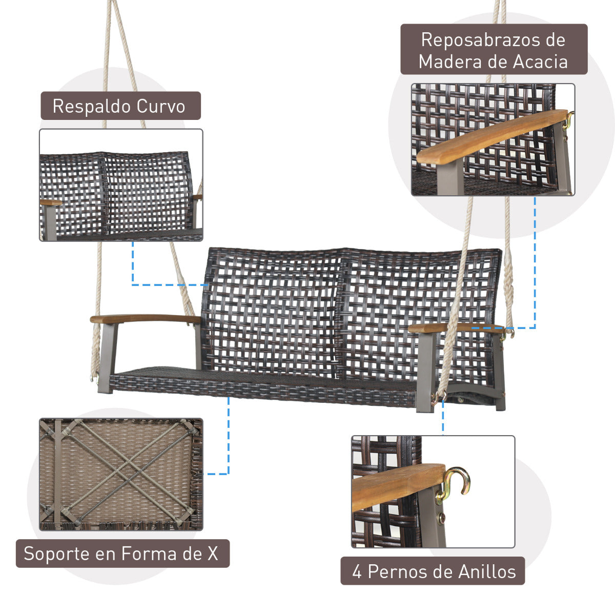 Banco Columpio de Exterior con 2 Asientos Columpio de Ratán PE Columpio para Pórtico Veranda Patio Jardín Balcón 131 x 68 x 54 cm Marrón