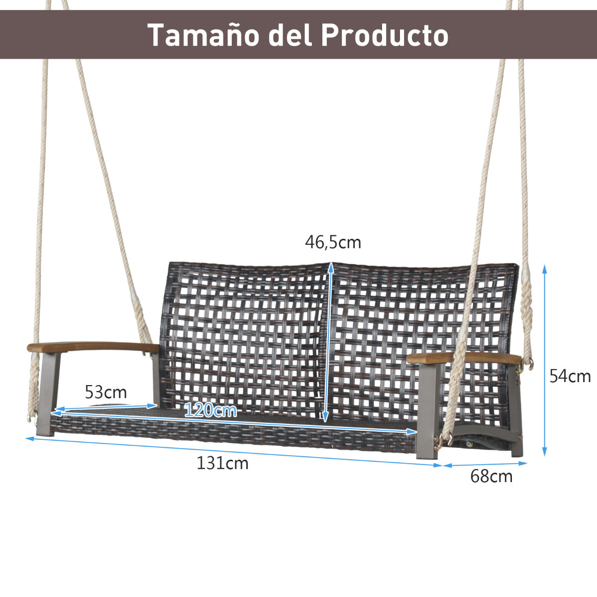 Banco Columpio de Exterior con 2 Asientos Columpio de Ratán PE Columpio para Pórtico Veranda Patio Jardín Balcón 131 x 68 x 54 cm Marrón