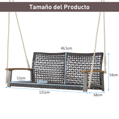 Banco Columpio de Exterior con 2 Asientos Columpio de Ratán PE Columpio para Pórtico Veranda Patio Jardín Balcón 131 x 68 x 54 cm Marrón