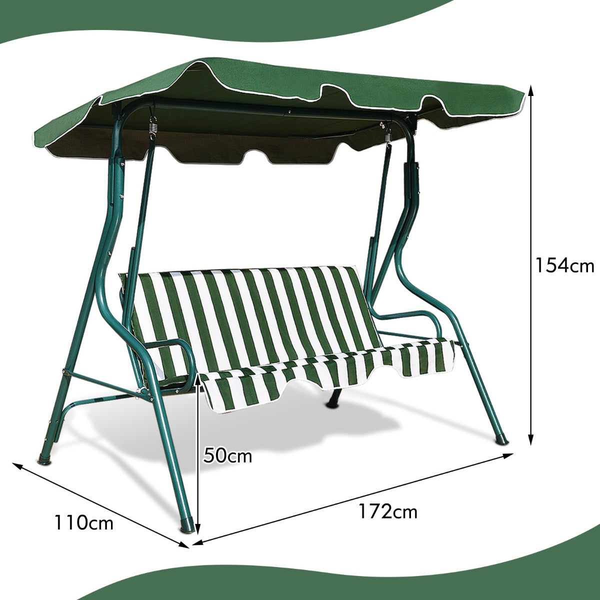 Columpio Oscilación del jardín Tumbona Patio 3 Plazas con Sombrillas 172 x 154 x 110 cm Verde