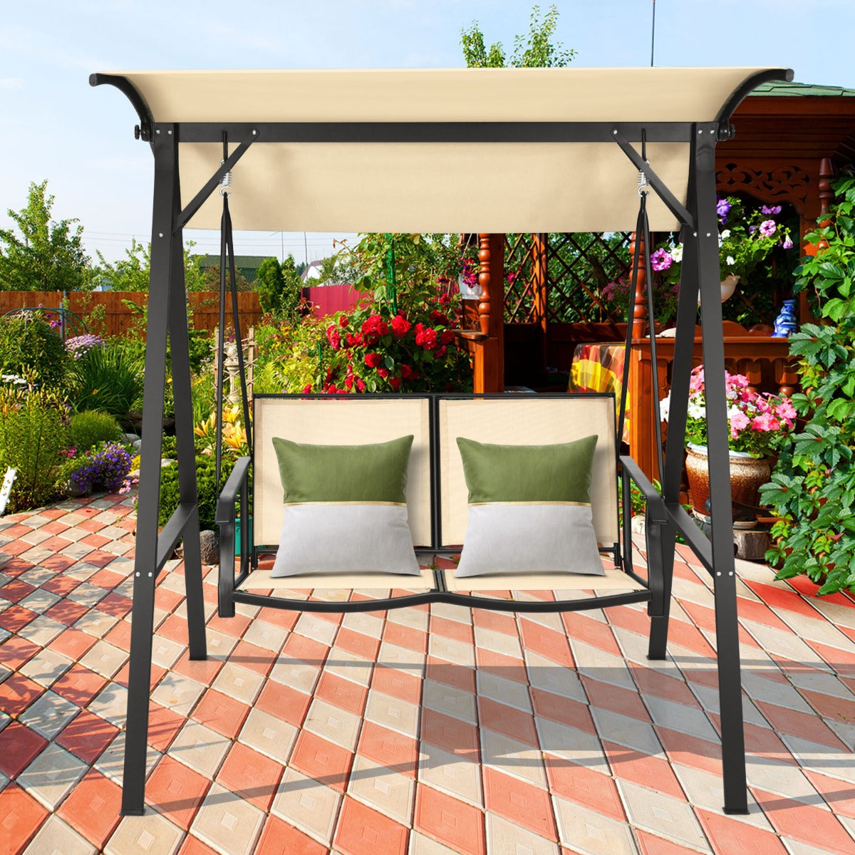 Columpio para 2 Personas con Dosel Ajustable Estructura Dosel de Metal Gancho de Resorte Resistente para Piscina Jardín Patio Beige