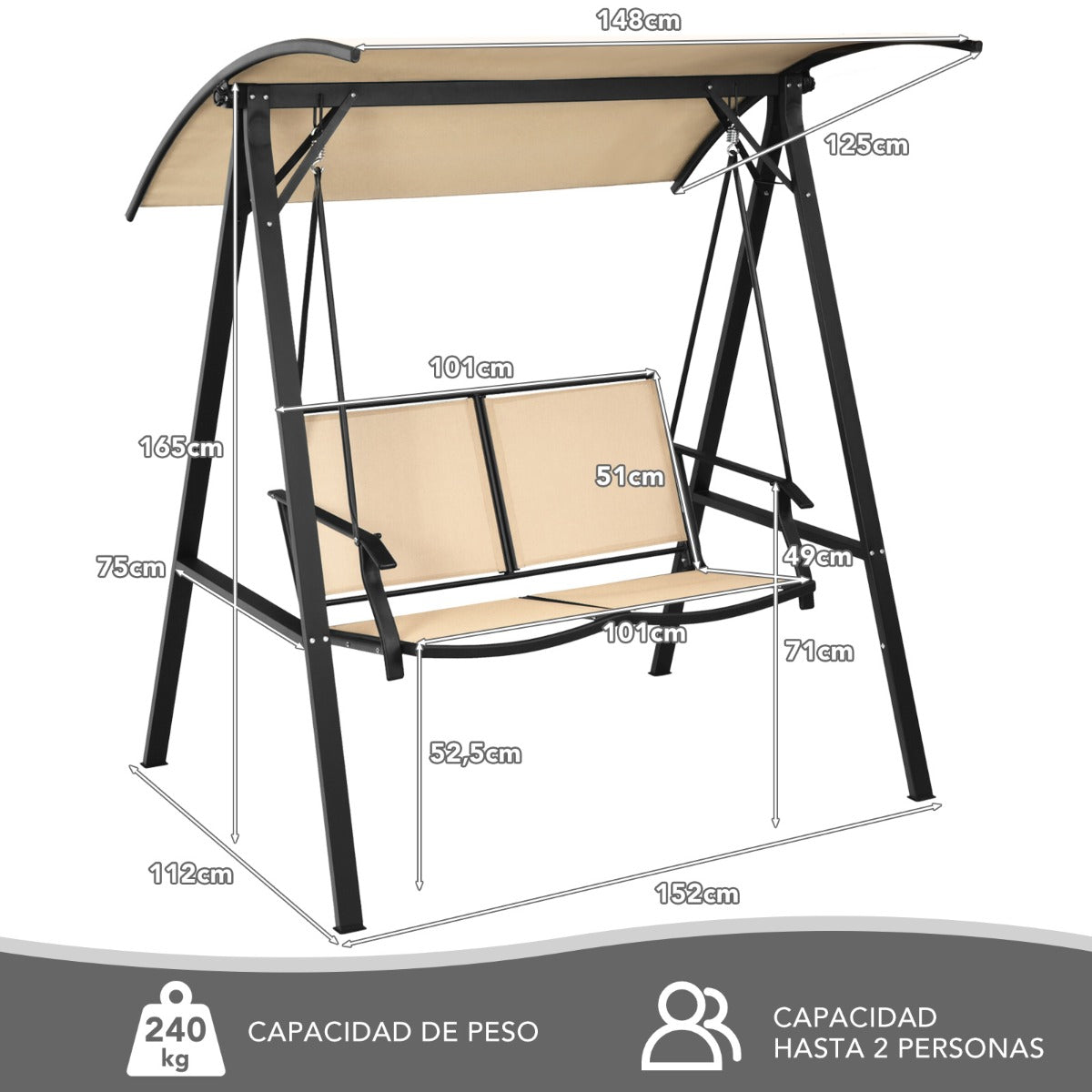 Columpio para 2 Personas con Dosel Ajustable Estructura Dosel de Metal Gancho de Resorte Resistente para Piscina Jardín Patio Beige