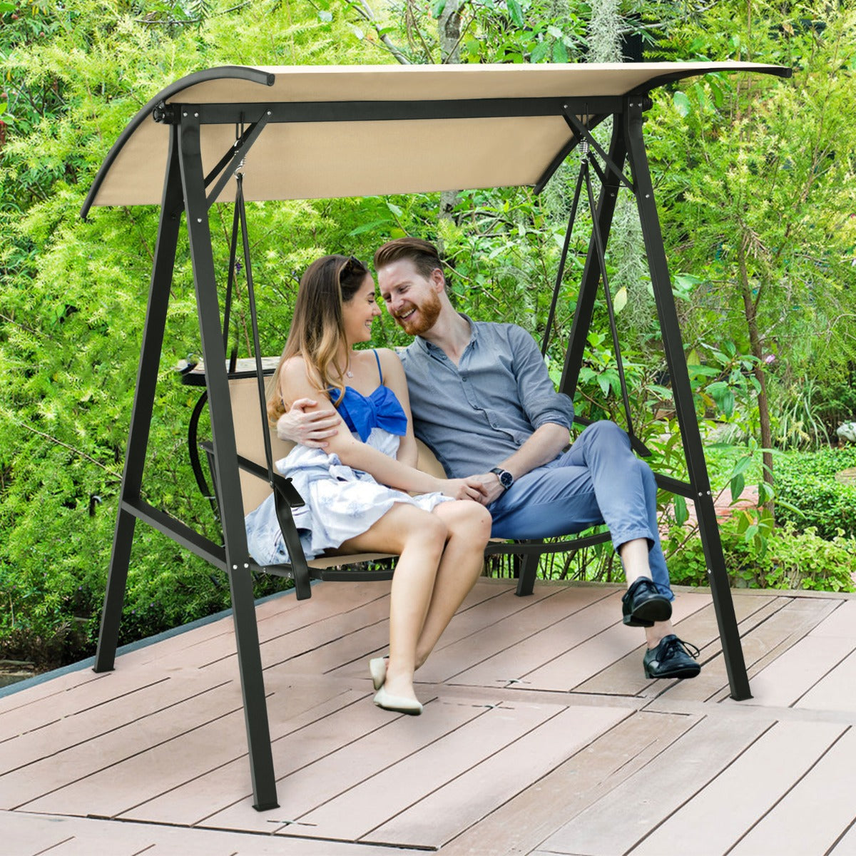 Columpio para 2 Personas con Dosel Ajustable Estructura Dosel de Metal Gancho de Resorte Resistente para Piscina Jardín Patio Beige