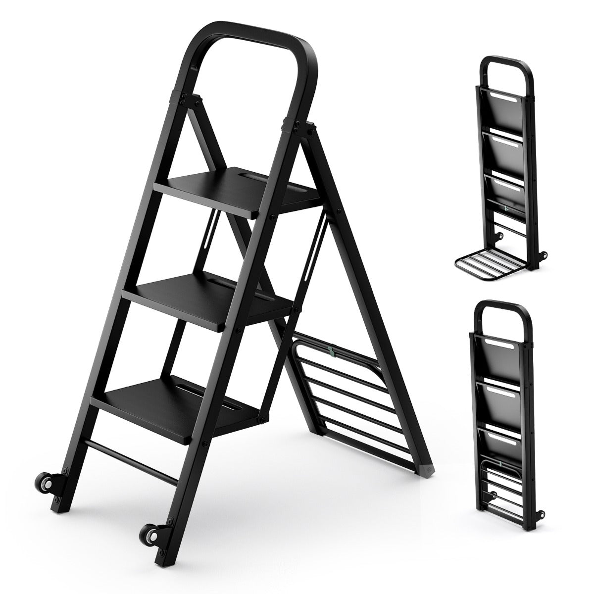 2 en 1 Combinación de Escalera Plegable de 3 Escalones Carretilla de Mano con Ruedas Carrito de Metal Resistente Carga 250 kg Negro