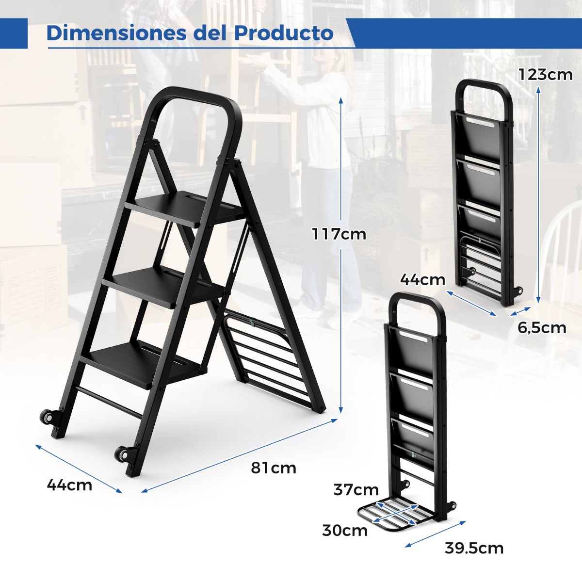 2 en 1 Combinación de Escalera Plegable de 3 Escalones Carretilla de Mano con Ruedas Carrito de Metal Resistente Carga 250 kg Negro