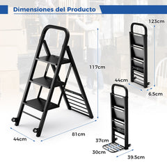 2 en 1 Combinación de Escalera Plegable de 3 Escalones Carretilla de Mano con Ruedas Carrito de Metal Resistente Carga 250 kg Negro