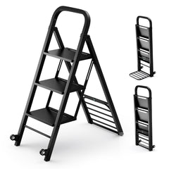 2 en 1 Combinación de Escalera Plegable de 3 Escalones Carretilla de Mano con Ruedas Carrito de Metal Resistente Carga 250 kg Negro