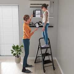 2 en 1 Combinación de Escalera Plegable de 3 Escalones Carretilla de Mano con Ruedas Carrito de Metal Resistente Carga 250 kg Negro