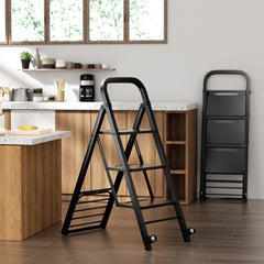 2 en 1 Combinación de Escalera Plegable de 3 Escalones Carretilla de Mano con Ruedas Carrito de Metal Resistente Carga 250 kg Negro