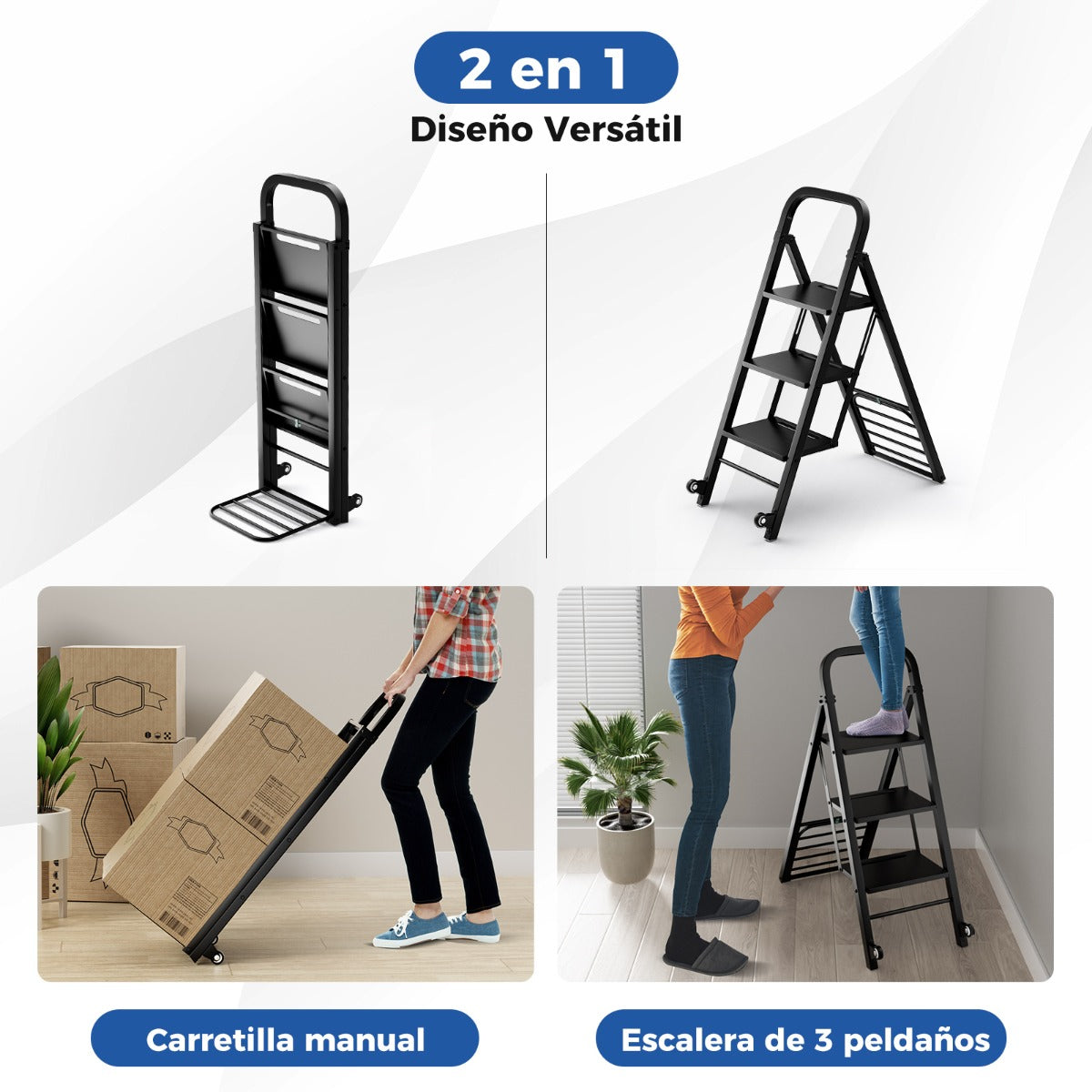 2 en 1 Combinación de Escalera Plegable de 3 Escalones Carretilla de Mano con Ruedas Carrito de Metal Resistente Carga 250 kg Negro