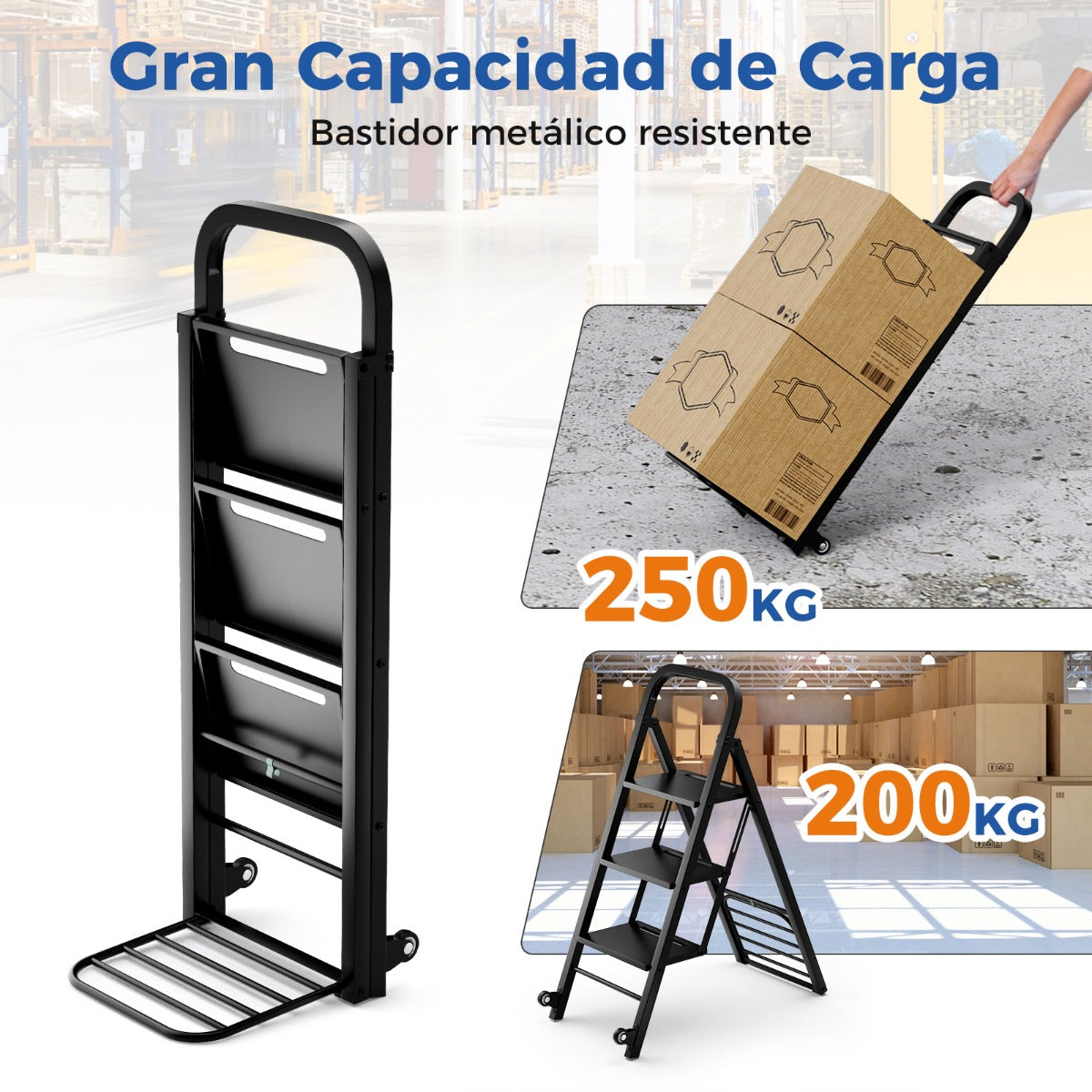 2 en 1 Combinación de Escalera Plegable de 3 Escalones Carretilla de Mano con Ruedas Carrito de Metal Resistente Carga 250 kg Negro