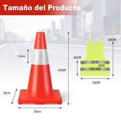 Conjunto de 12 Conos de PVC de Tráfico con Collar Reflectante Base Pesada y Chaleco de Seguridad para Construcción 28 x 28 x 43 cm Naranja