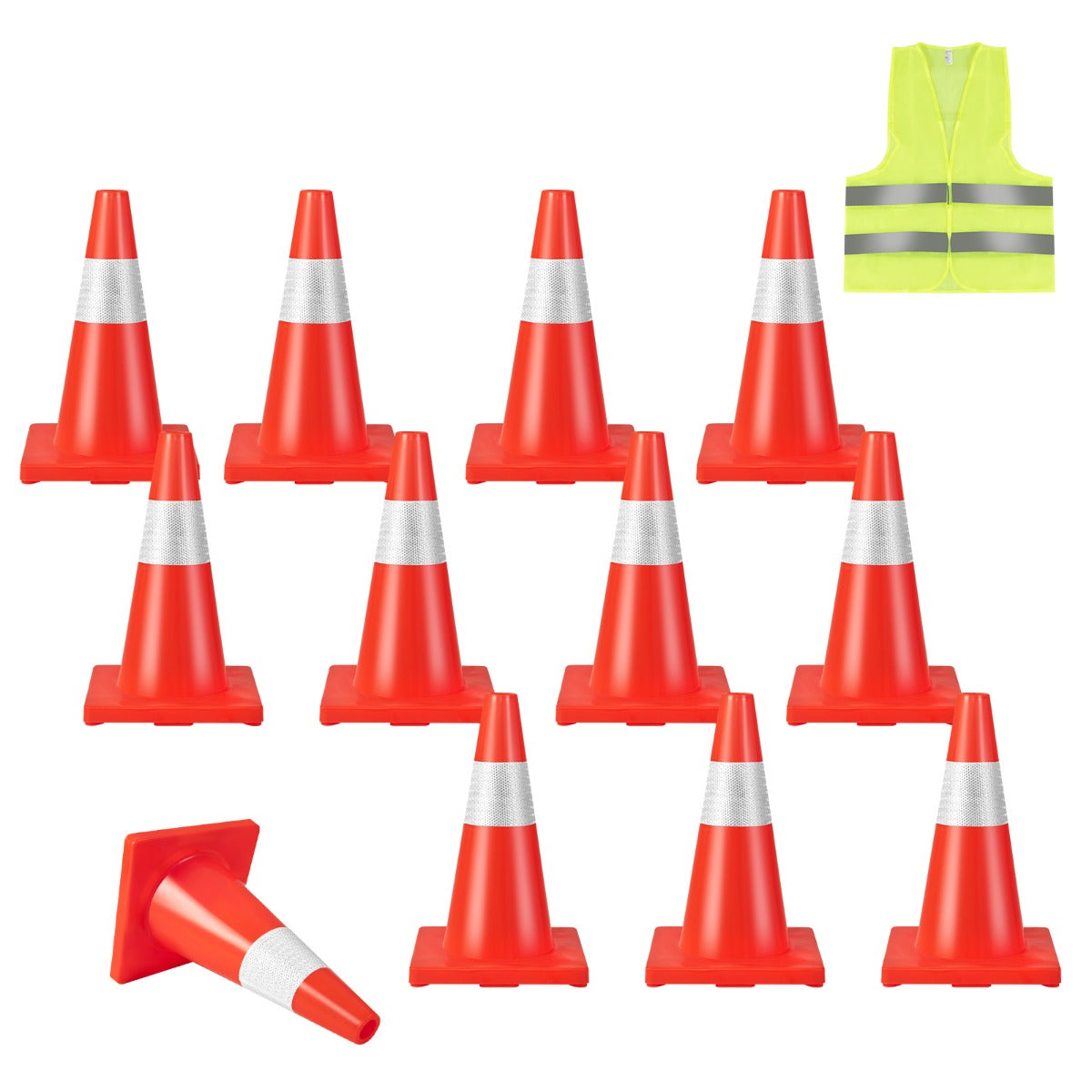 Conjunto de 12 Conos de PVC de Tráfico con Collar Reflectante Base Pesada y Chaleco de Seguridad para Construcción 28 x 28 x 43 cm Naranja