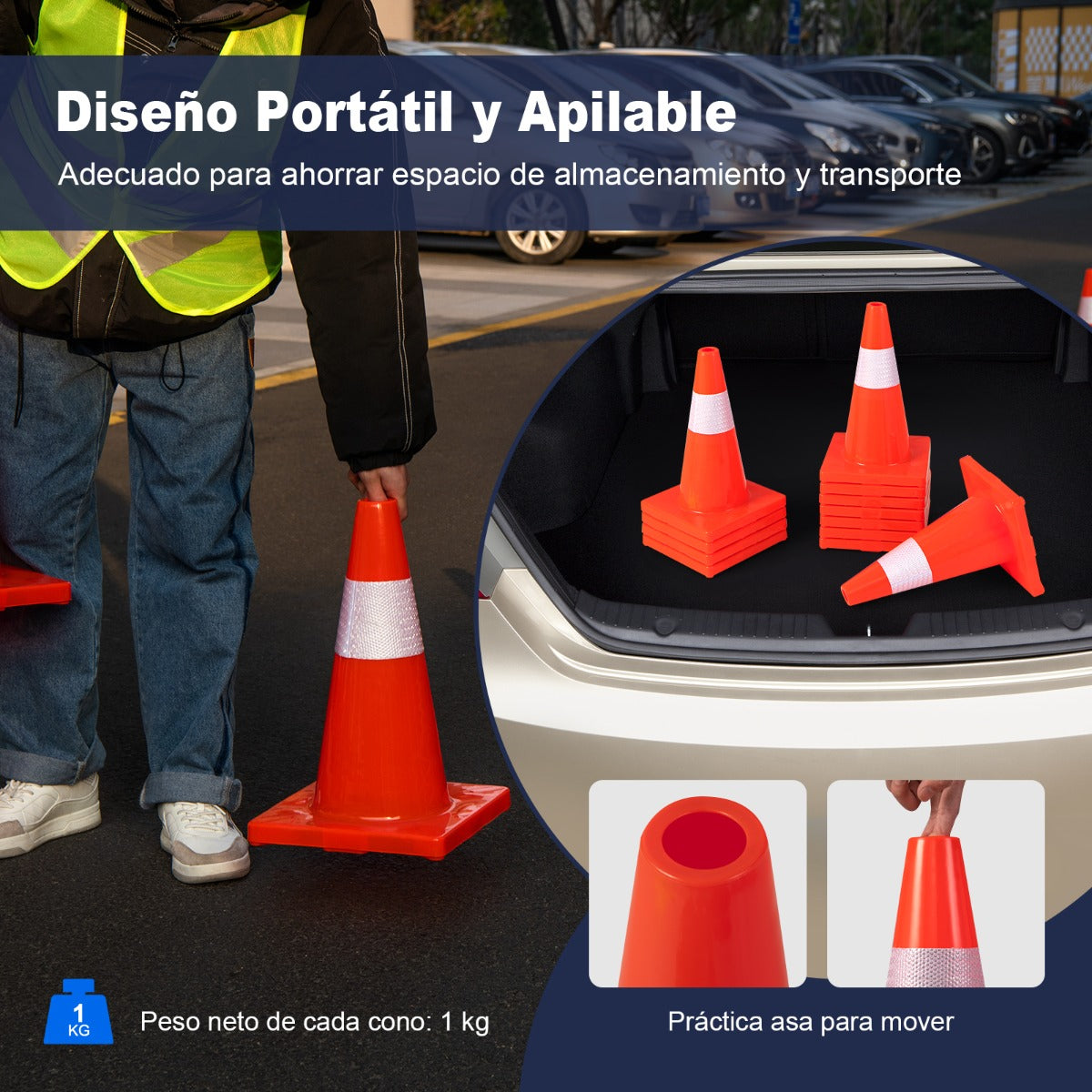 Conjunto de 12 Conos de PVC de Tráfico con Collar Reflectante Base Pesada y Chaleco de Seguridad para Construcción 28 x 28 x 43 cm Naranja
