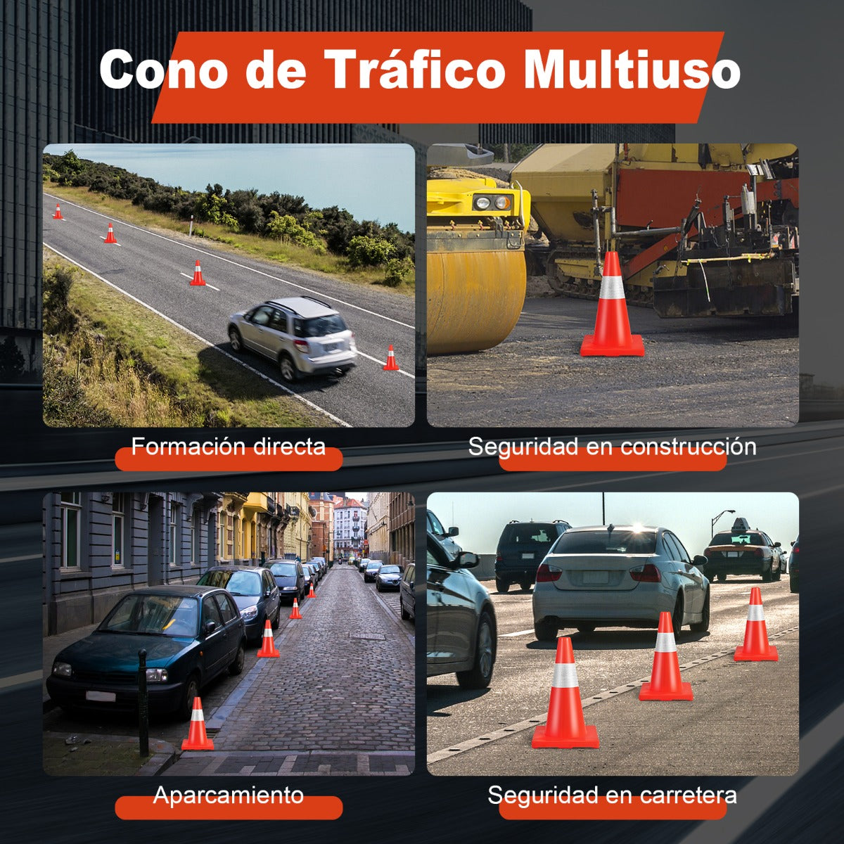 Conjunto de 12 Conos de PVC de Tráfico con Collar Reflectante Base Pesada y Chaleco de Seguridad para Construcción 28 x 28 x 43 cm Naranja