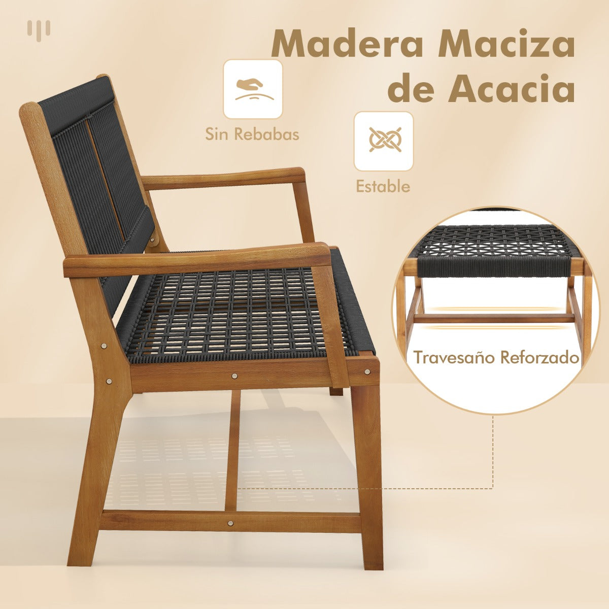 Conjunto de 2 Sillas de Comedor de Madera de Acacia para Exteriores con Cuerda Resistente Clima y Reposabrazos 64 x 57 x 90 cm Natural