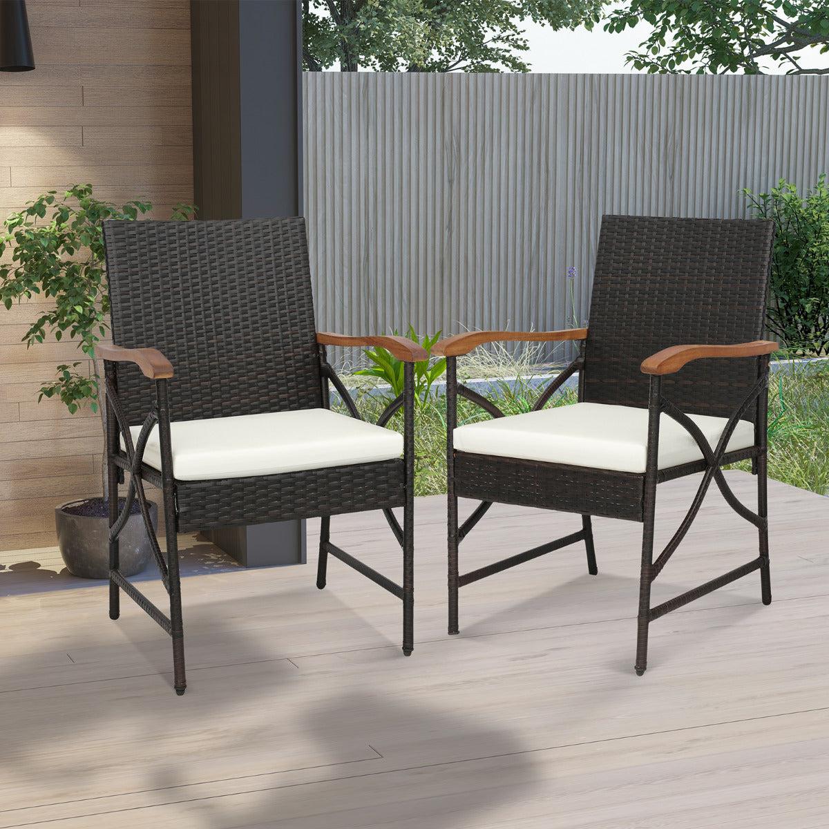 Conjunto de 2 Sillas de Mimbre para Patio Sillas de Ratán PE con Cojín Suave Reposabrazos Marco Metal Sillones para Jardín Balcón Piscina