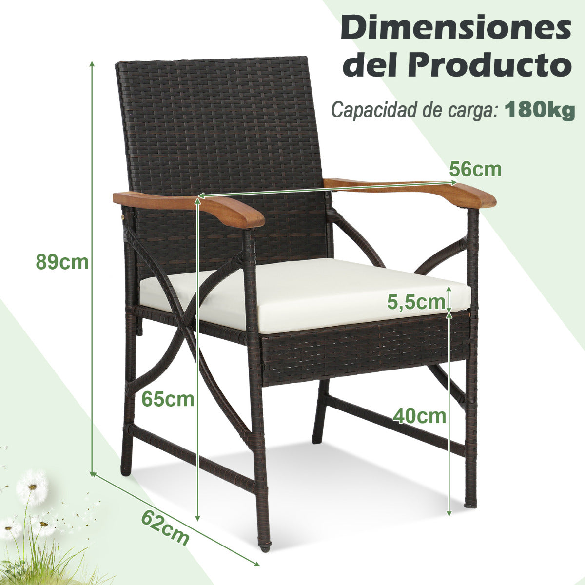 Conjunto de 2 Sillas de Mimbre para Patio Sillas de Ratán PE con Cojín Suave Reposabrazos Marco Metal Sillones para Jardín Balcón Piscina