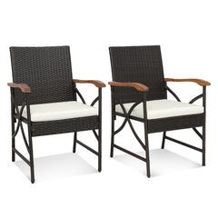 Conjunto de 2 Sillas de Mimbre para Patio Sillas de Ratán PE con Cojín Suave Reposabrazos Marco Metal Sillones para Jardín Balcón Piscina