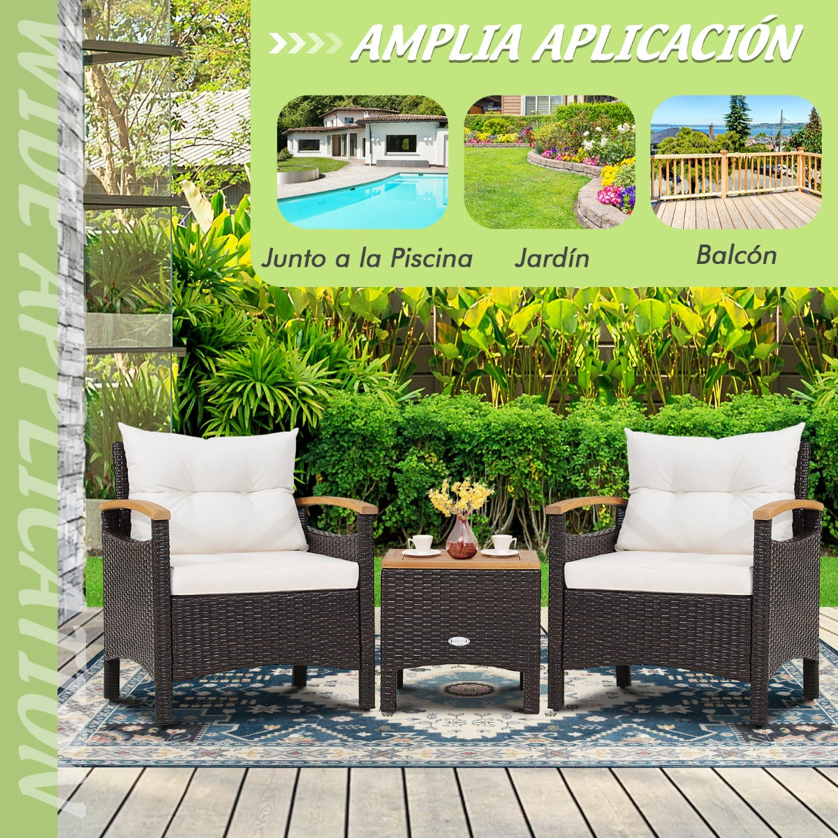 Conjunto de 3 Piezas de Muebles de Patio con Mesa de Café Cojín Desmontable Apoyabrazos de Madera de Acacia para Patio Piscina Blanco