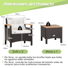 Conjunto de 3 Piezas de Muebles de Patio con Mesa de Café Cojín Desmontable Apoyabrazos de Madera de Acacia para Patio Piscina Blanco
