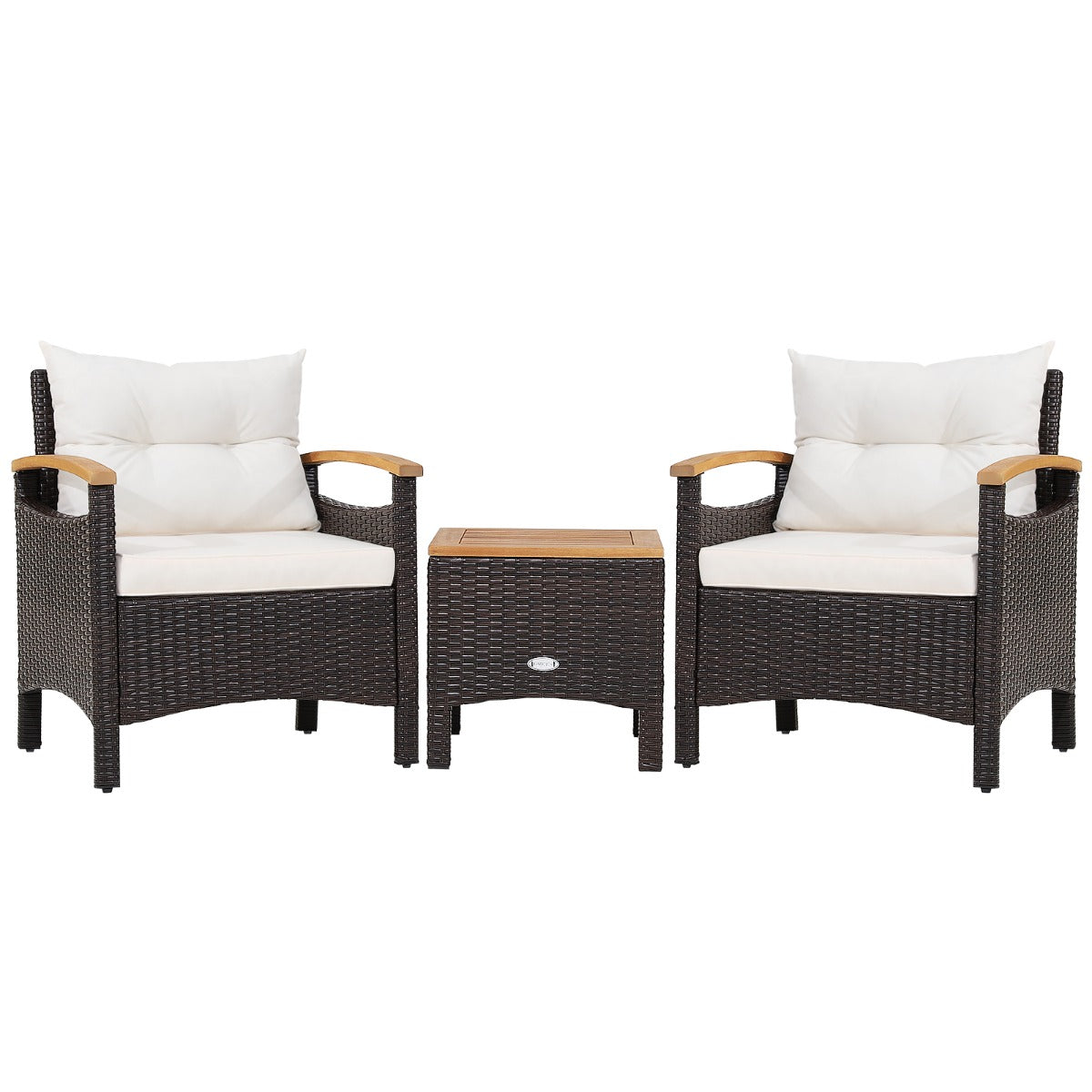 Conjunto de 3 Piezas de Muebles de Patio con Mesa de Café Cojín Desmontable Apoyabrazos de Madera de Acacia para Patio Piscina Blanco