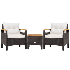 Conjunto de 3 Piezas de Muebles de Patio con Mesa de Café Cojín Desmontable Apoyabrazos de Madera de Acacia para Patio Piscina Blanco