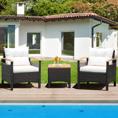Conjunto de 3 Piezas de Muebles de Patio con Mesa de Café Cojín Desmontable Apoyabrazos de Madera de Acacia para Patio Piscina Blanco