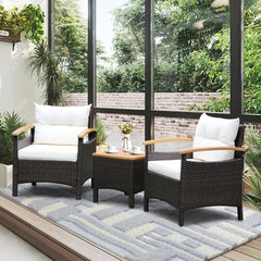 Conjunto de 3 Piezas de Muebles de Patio con Mesa de Café Cojín Desmontable Apoyabrazos de Madera de Acacia para Patio Piscina Blanco