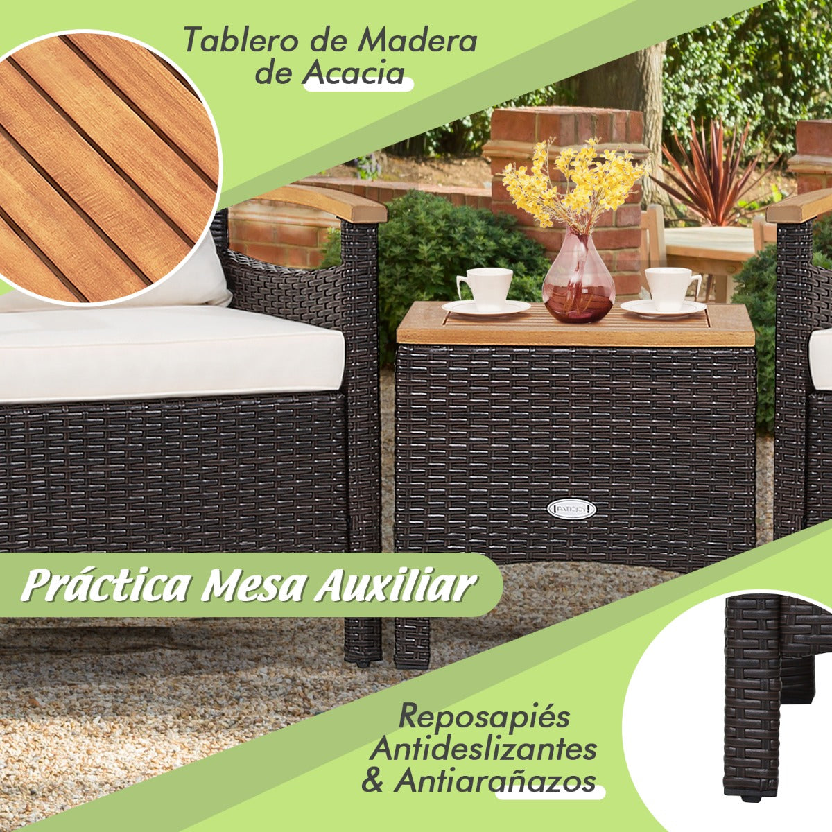Conjunto de 3 Piezas de Muebles de Patio con Mesa de Café Cojín Desmontable Apoyabrazos de Madera de Acacia para Patio Piscina Blanco
