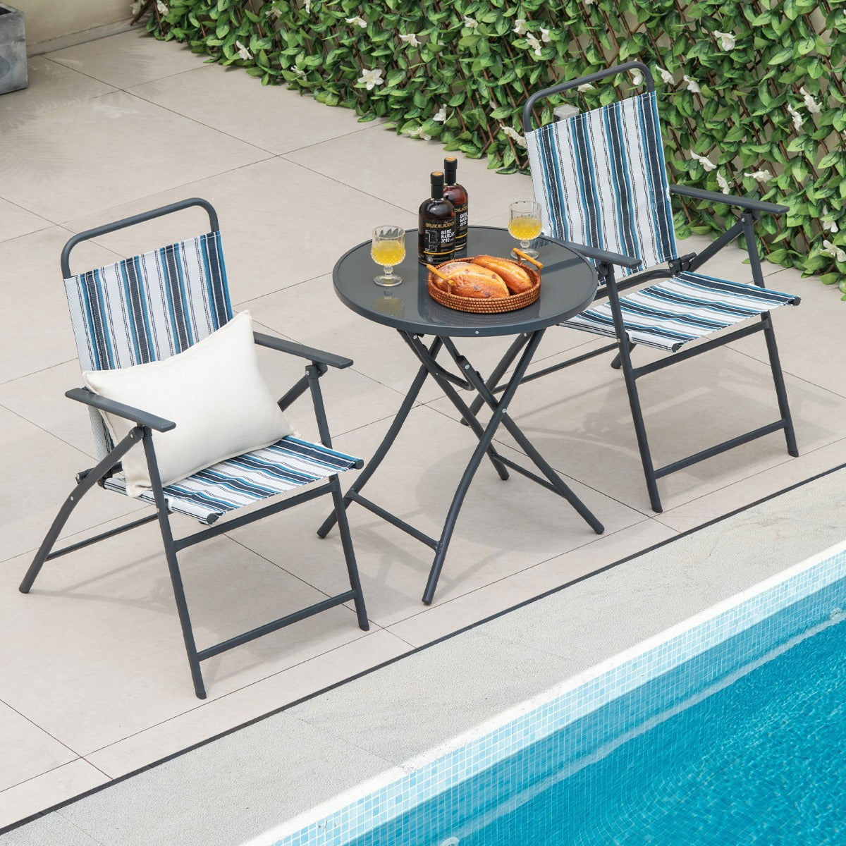 Conjunto de Mesa y 2 Sillas Plegables para Jardín con Tela Texteline Transpirable y Marco de Metal para Patio Trasero Piscina y Balcón