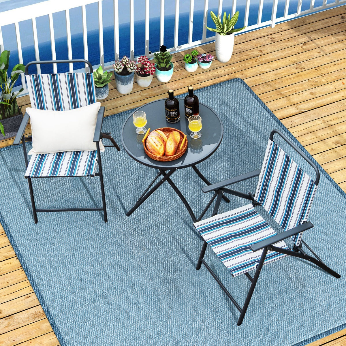 Conjunto de Mesa y 2 Sillas Plegables para Jardín con Tela Texteline Transpirable y Marco de Metal para Patio Trasero Piscina y Balcón