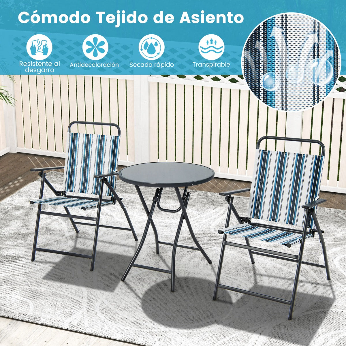 Conjunto de Mesa y 2 Sillas Plegables para Jardín con Tela Texteline Transpirable y Marco de Metal para Patio Trasero Piscina y Balcón