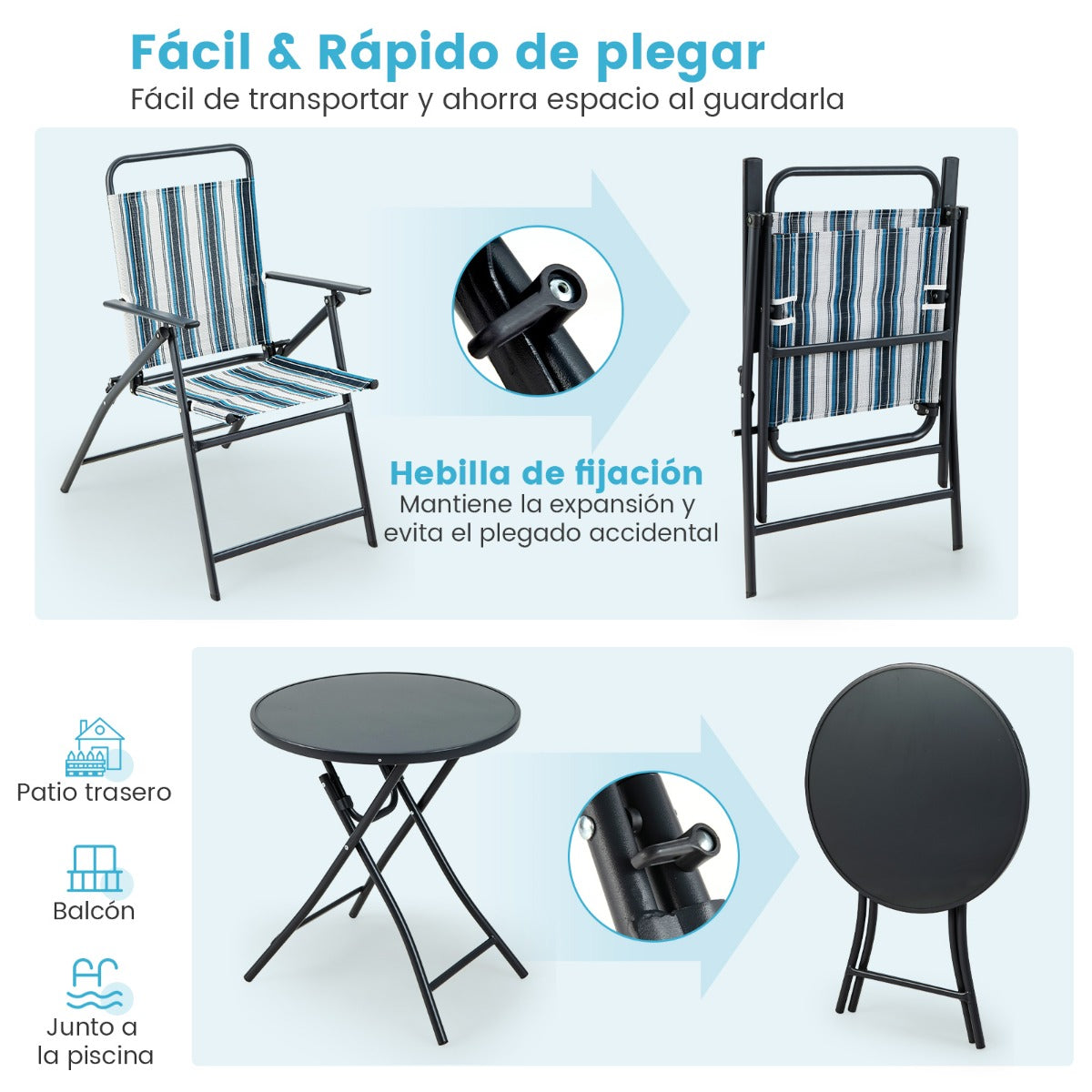 Conjunto de Mesa y 2 Sillas Plegables para Jardín con Tela Texteline Transpirable y Marco de Metal para Patio Trasero Piscina y Balcón